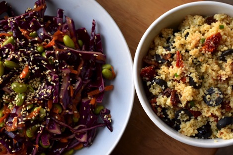 Two bowls containing vegan salads